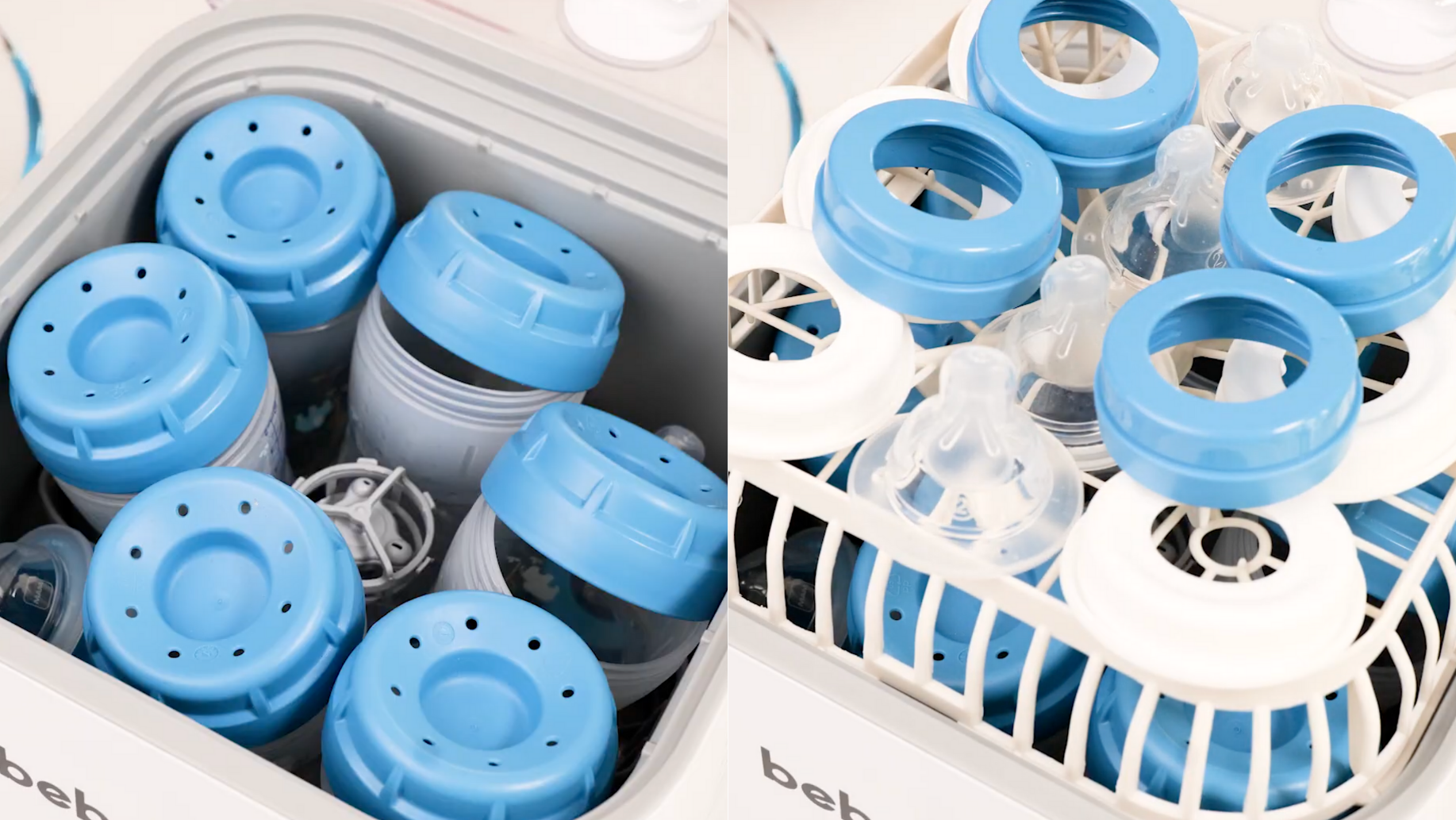 2 pics together showing MAM baby bottles correctly placed in bottom half and top half of Bebello Baby Bottle Washer