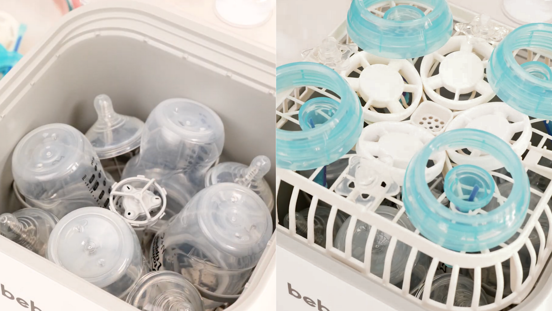 2 pics together showing Tomee Tippee baby bottles correctly placed in bottom half and top half of Bebello Baby Bottle Washer