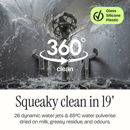Squeaky clean in 19 minutes. 26 dynamic water jets & 65ºc water pulverise dried on milk, greasy residue and odours