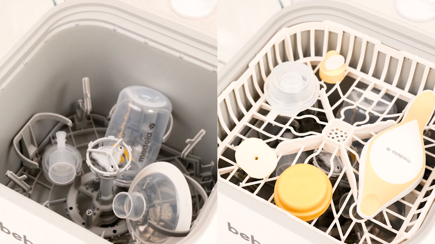 2 pics together showing Medela manual breast pump correctly placed in bottom half and top half of Bebello Baby Bottle Washer