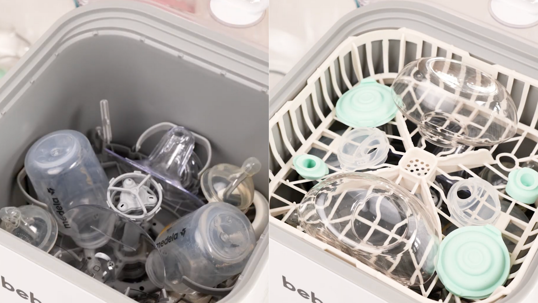2 pics together showing Elvie Pump correctly placed in bottom half and top half of Bebello Baby Bottle Washer along with 2 baby bottles