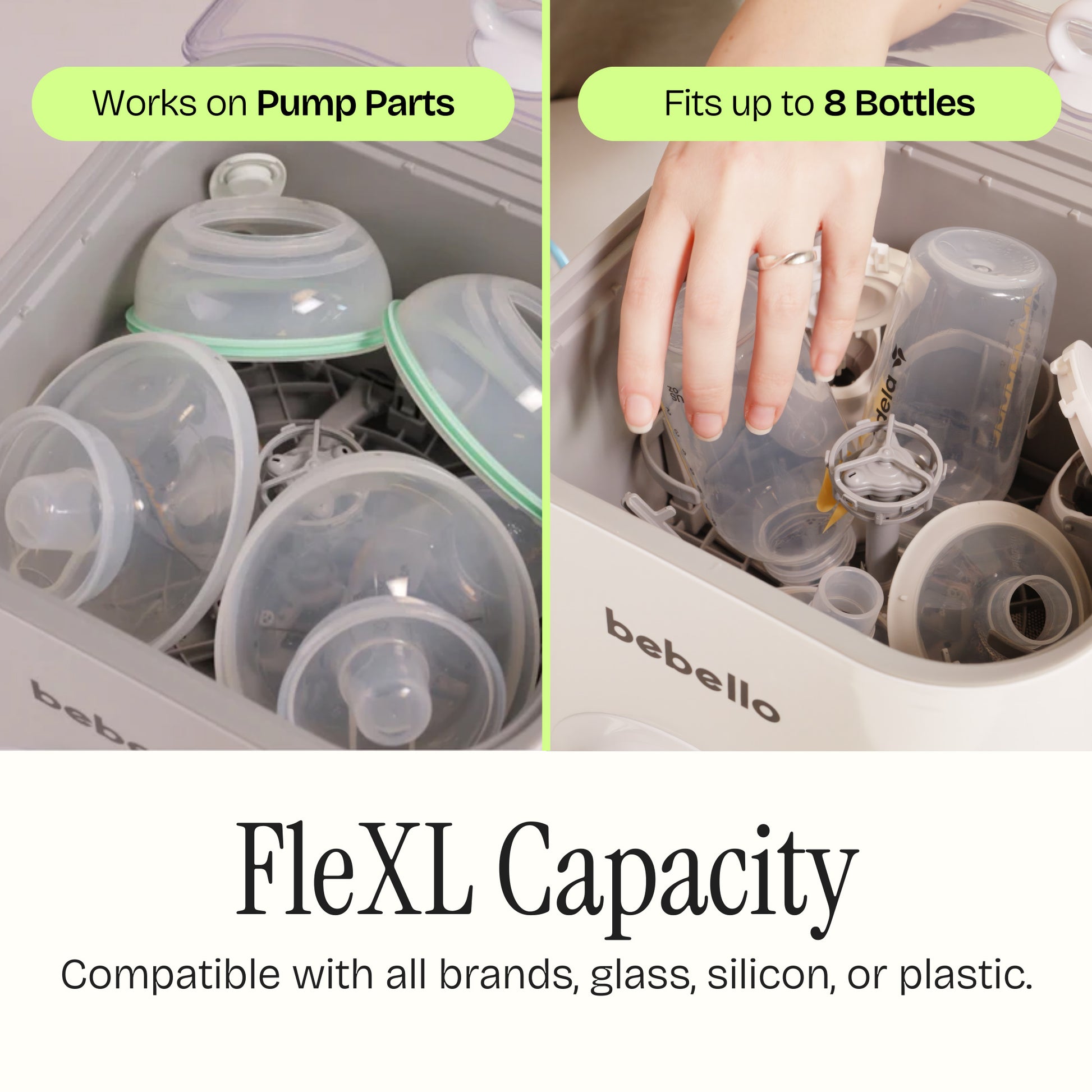Flexible XL Capacity. compatible with all brands, glass, silicon, or plastic. Works on pump parts and fits up to 8 bottles.