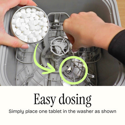 Easy dosing. Simply place one bebello detergent tablet in the washer near the basket