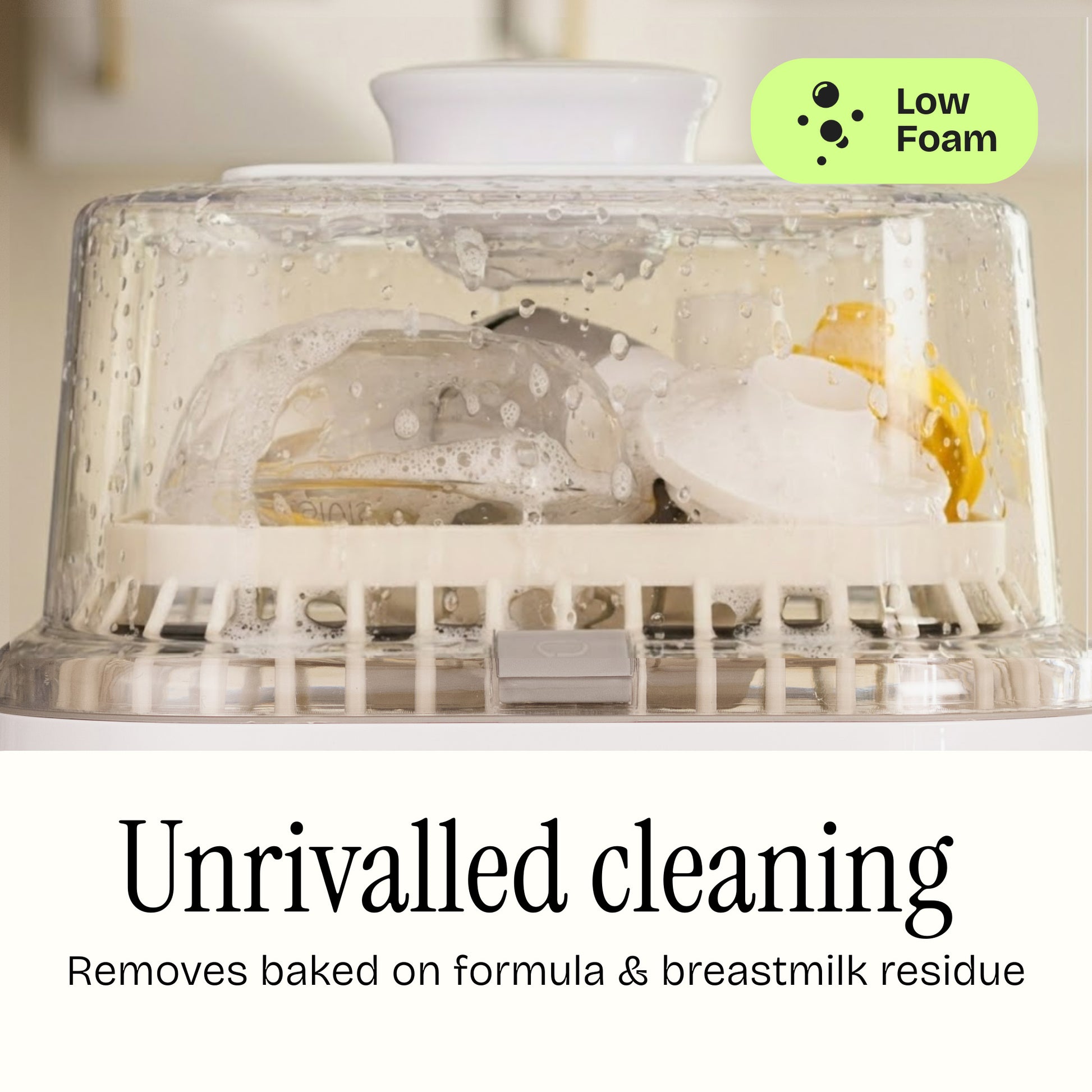 Unrivalled cleaning. bebello detergent removes baked on formula and breastmilk residue. Low-foaming formulation.