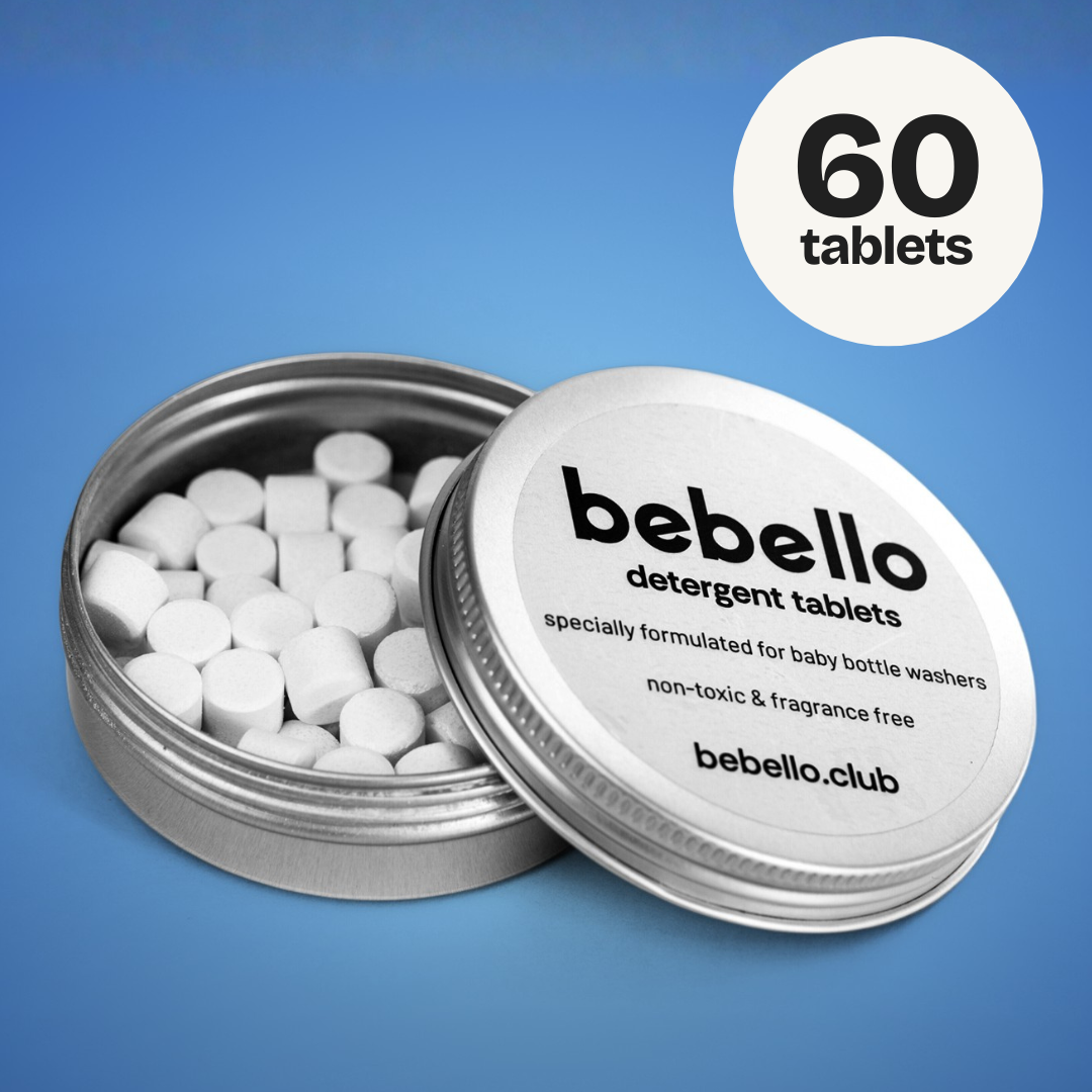 tin of detergent tablets for bebello baby bottle washer