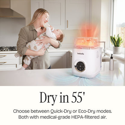 Dry in 55 minutes. Choose between quick dry or eco-dry modes. both with medical-grade HEPA-filtered air