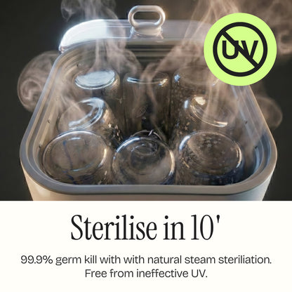 Sterilise in 10 minutes. 99.9% germ kill with natural steam sterilisation. Free from ineffective UV